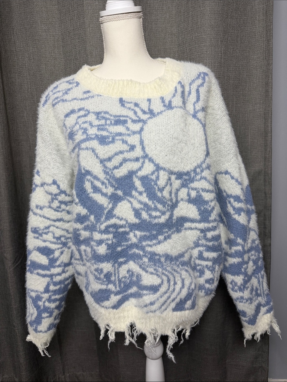 Altar’d State Cozy Blue & Cream Graphic Fuzzy Sweater